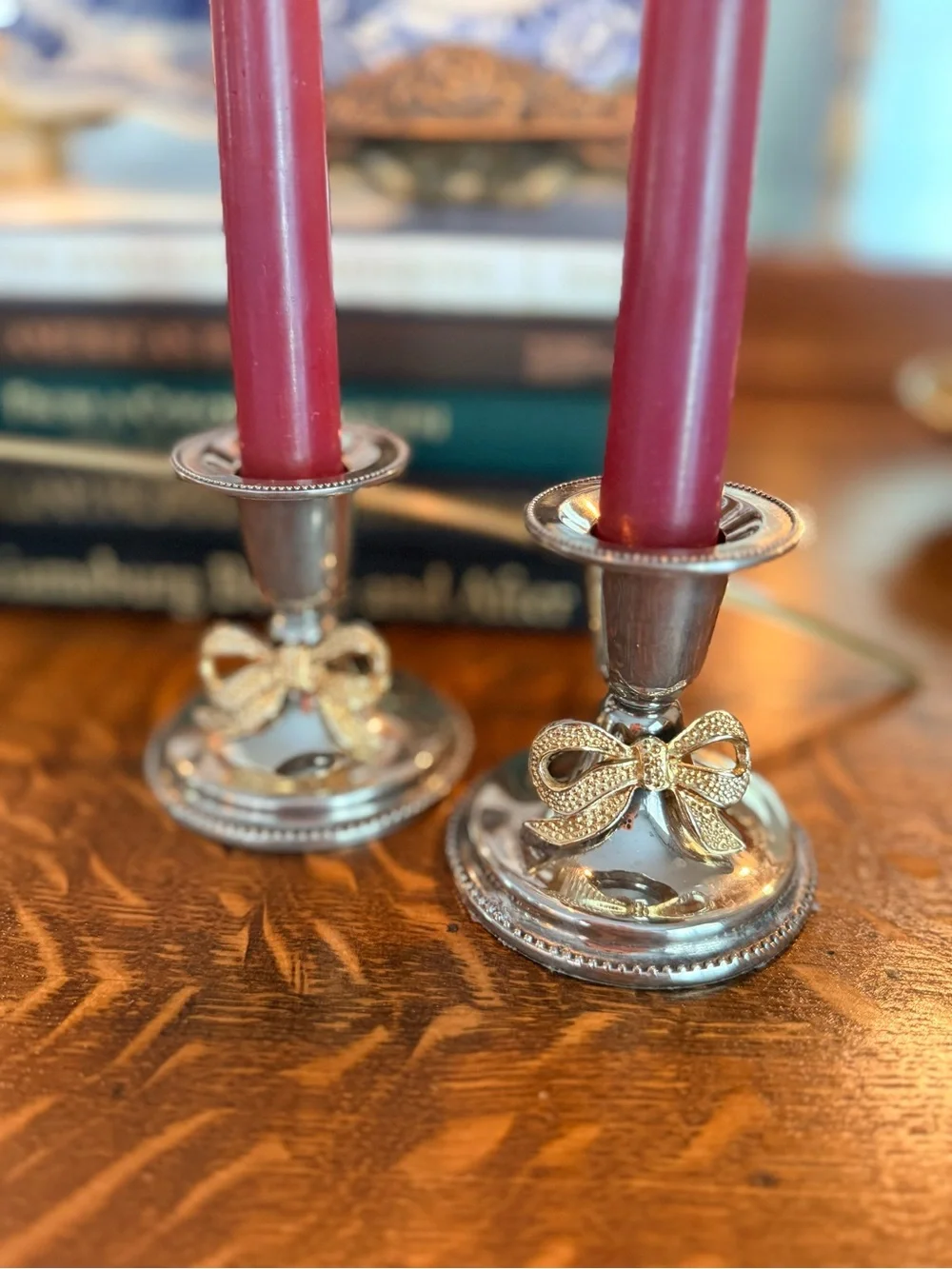 Silverplate & Brass Bow Candlestick Holders